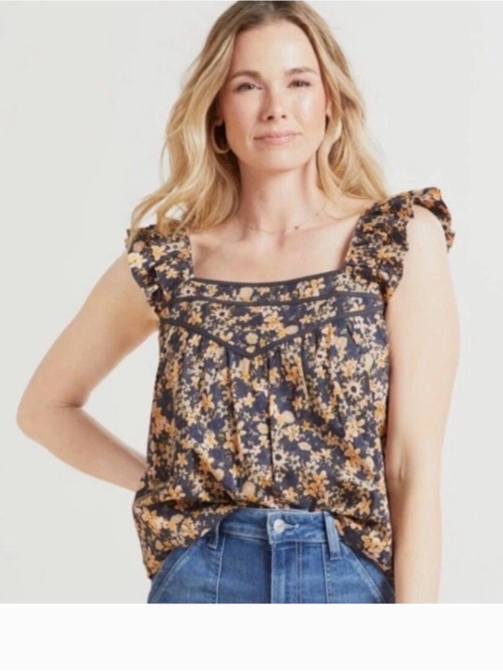 Floral Square-Neck Ruffle Strap Camisole in Black & Mustard